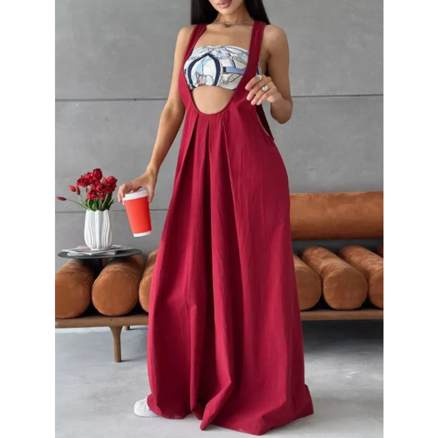 Pleated Overall Dress with Pockets Wine Red / S Apparel and Accessories