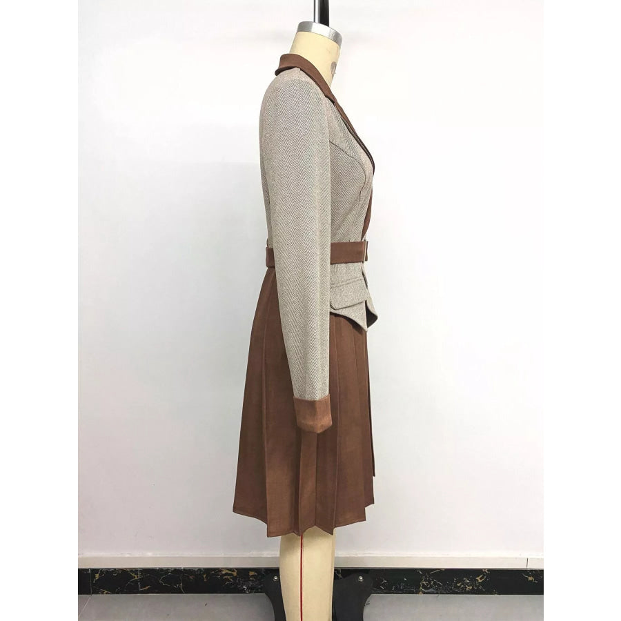Pleated Patchwork Blazer Belt Dress Apparel and Accessories