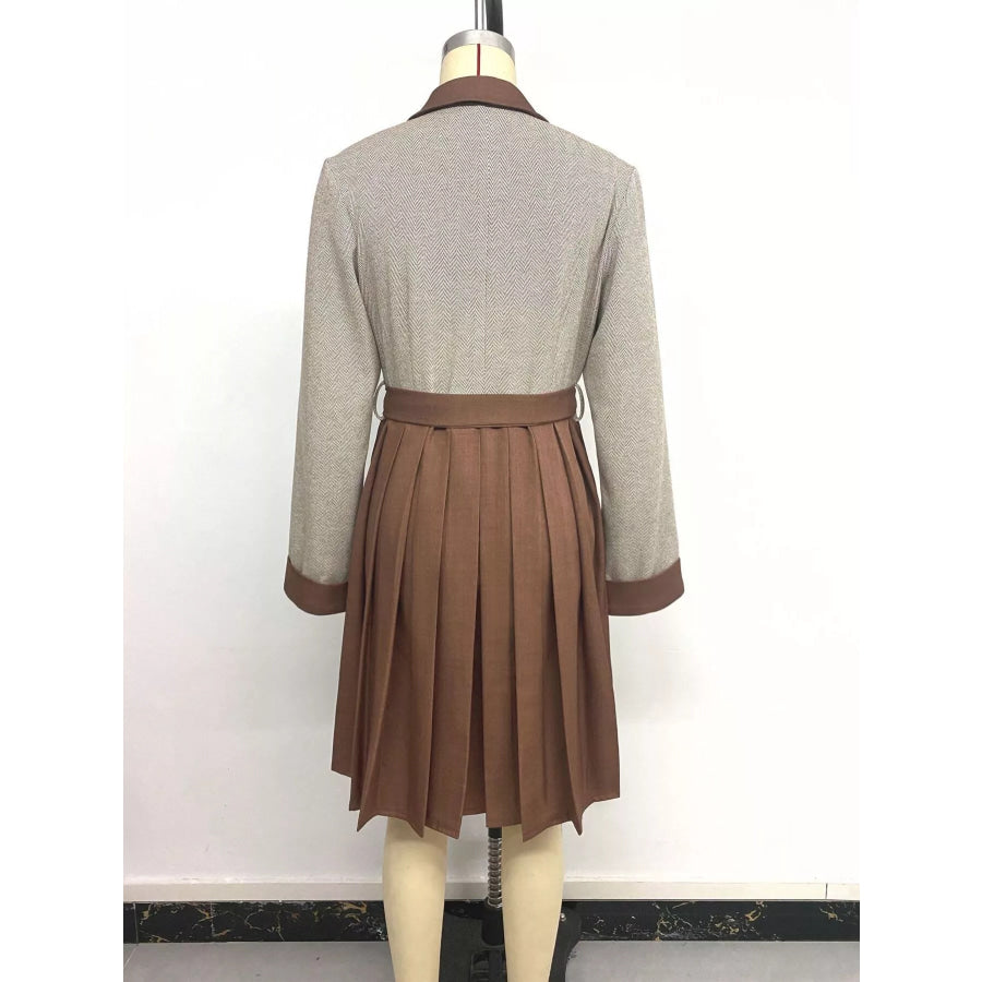 Pleated Patchwork Blazer Belt Dress Apparel and Accessories