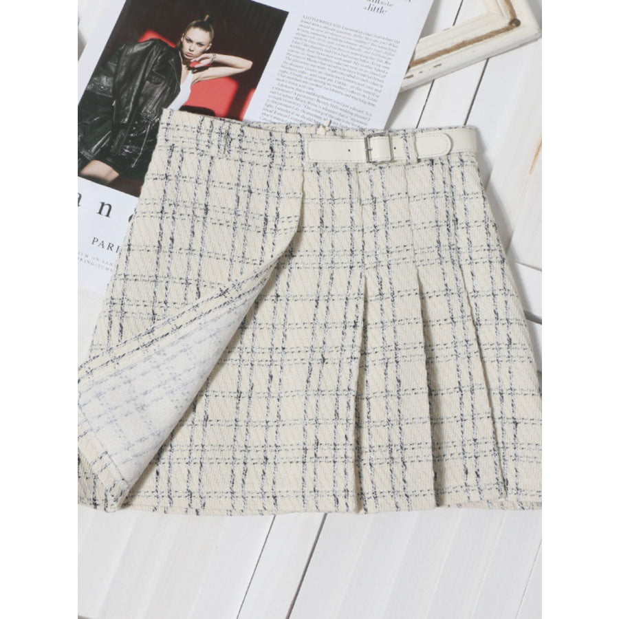 Pleated Plaid Mini Skirt Beige / M Apparel and Accessories