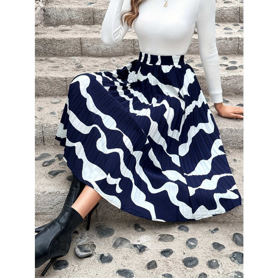 Pleated Printed Elastic Waist Skirt Apparel and Accessories