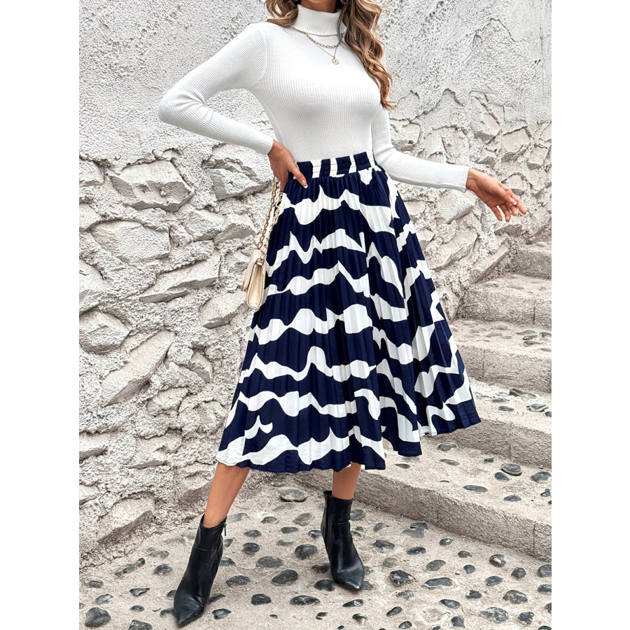 Pleated Printed Elastic Waist Skirt Apparel and Accessories