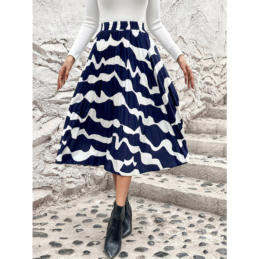 Pleated Printed Elastic Waist Skirt Dark Blue / S Apparel and Accessories