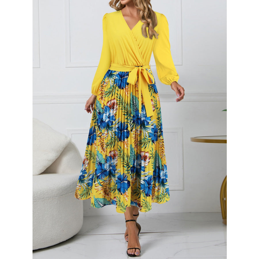 Pleated Printed Surplice Long Sleeve Dress Apparel and Accessories