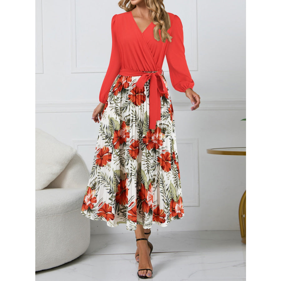 Pleated Printed Surplice Long Sleeve Dress Apparel and Accessories