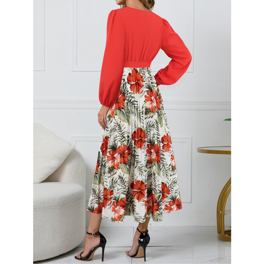 Pleated Printed Surplice Long Sleeve Dress Apparel and Accessories