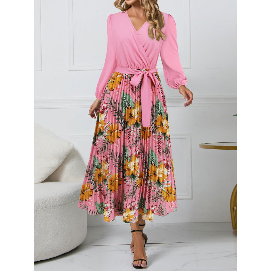 Pleated Printed Surplice Long Sleeve Dress Apparel and Accessories