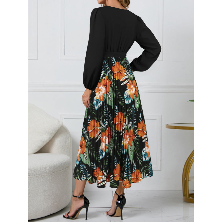 Pleated Printed Surplice Long Sleeve Dress Apparel and Accessories