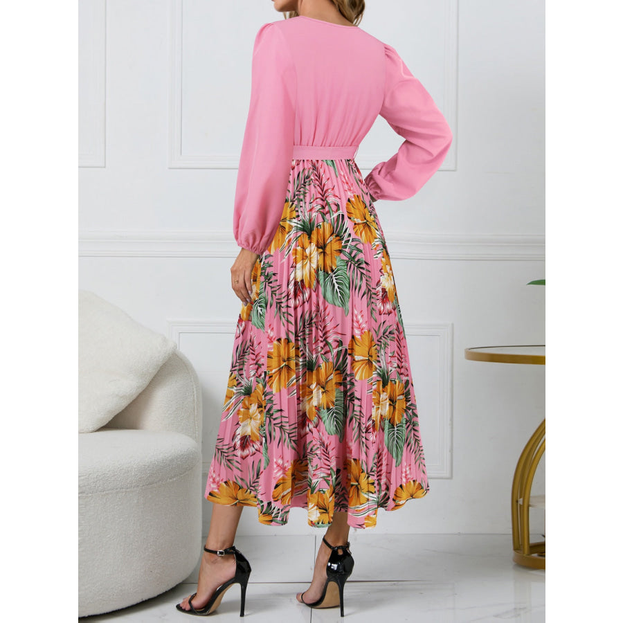 Pleated Printed Surplice Long Sleeve Dress Apparel and Accessories