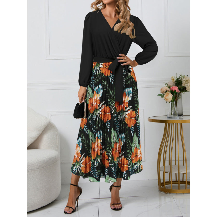 Pleated Printed Surplice Long Sleeve Dress Apparel and Accessories