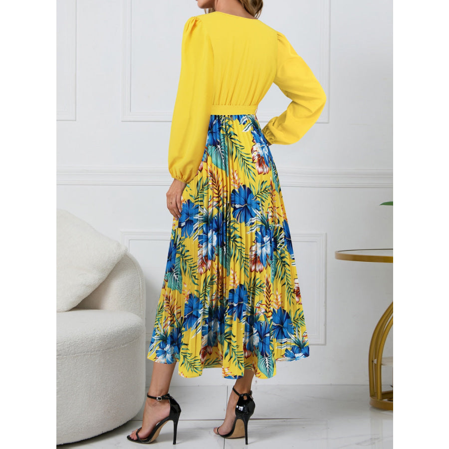 Pleated Printed Surplice Long Sleeve Dress Apparel and Accessories