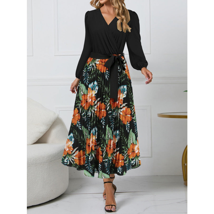 Pleated Printed Surplice Long Sleeve Dress Black / S Apparel and Accessories