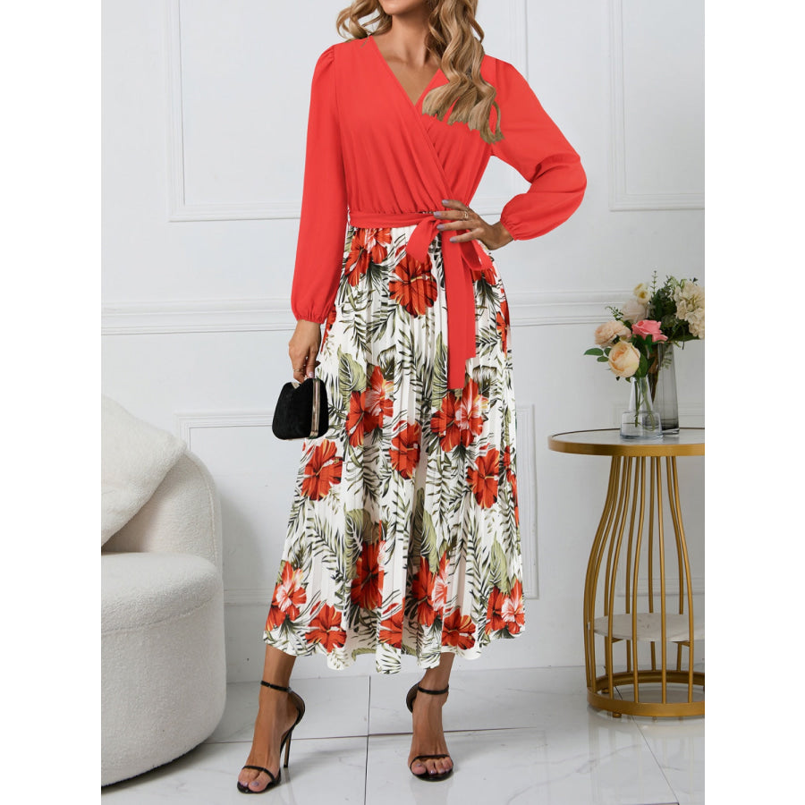 Pleated Printed Surplice Long Sleeve Dress Deep Red / S Apparel and Accessories