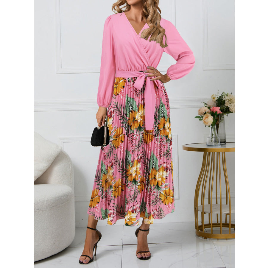 Pleated Printed Surplice Long Sleeve Dress Pink / S Apparel and Accessories