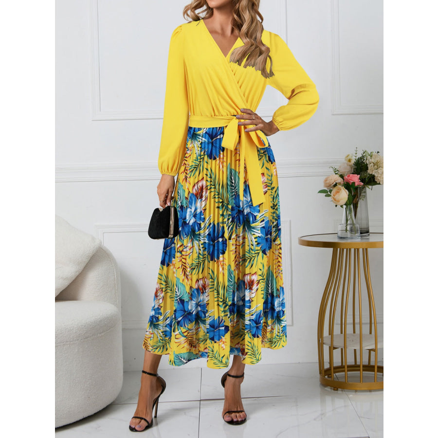 Pleated Printed Surplice Long Sleeve Dress Yellow / S Apparel and Accessories