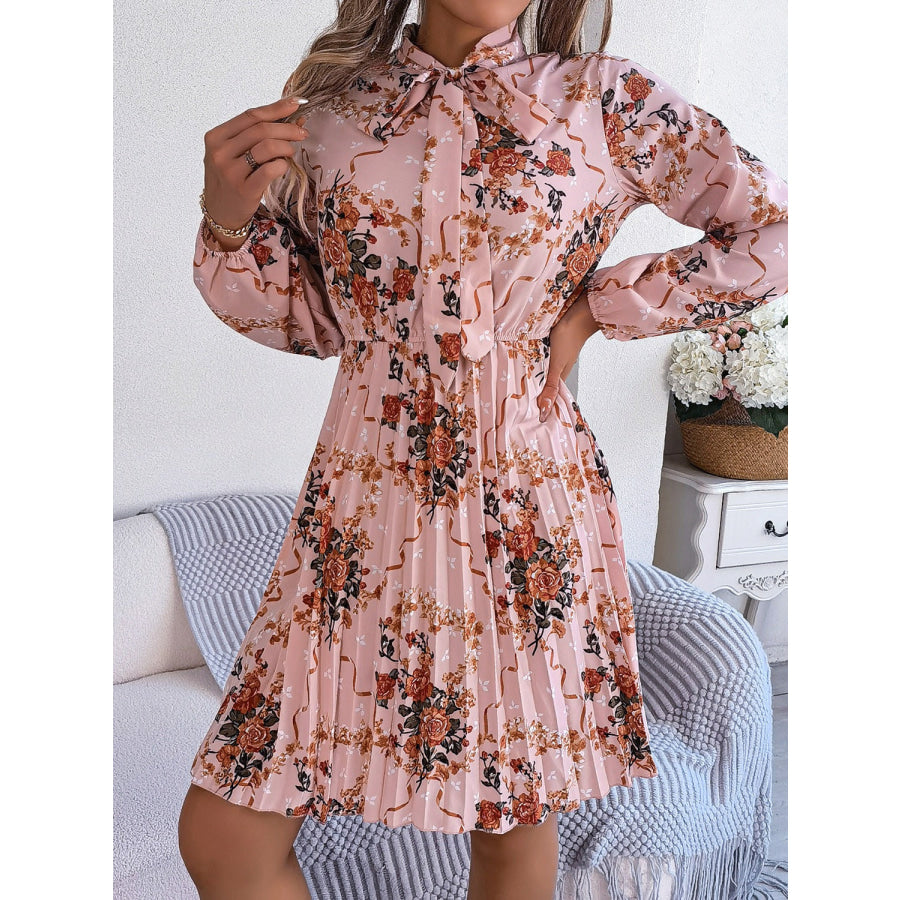 Pleated Printed Tie Neck Long Sleeve Dress Apparel and Accessories