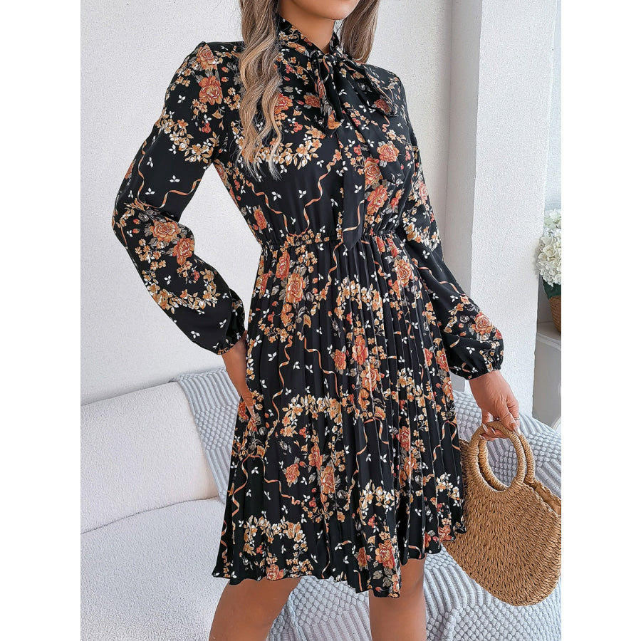 Pleated Printed Tie Neck Long Sleeve Dress Apparel and Accessories