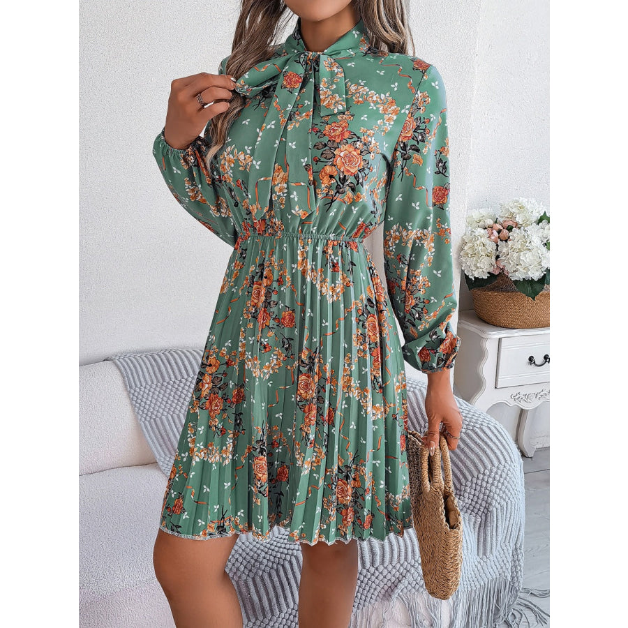 Pleated Printed Tie Neck Long Sleeve Dress Apparel and Accessories