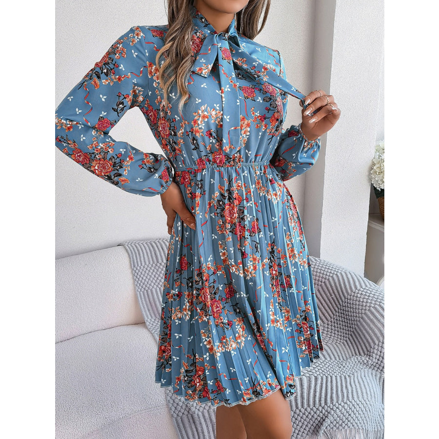 Pleated Printed Tie Neck Long Sleeve Dress Apparel and Accessories