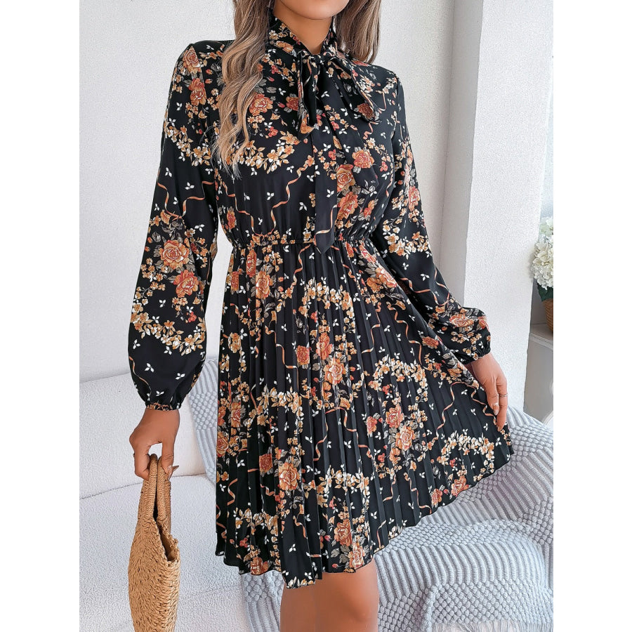 Pleated Printed Tie Neck Long Sleeve Dress Apparel and Accessories