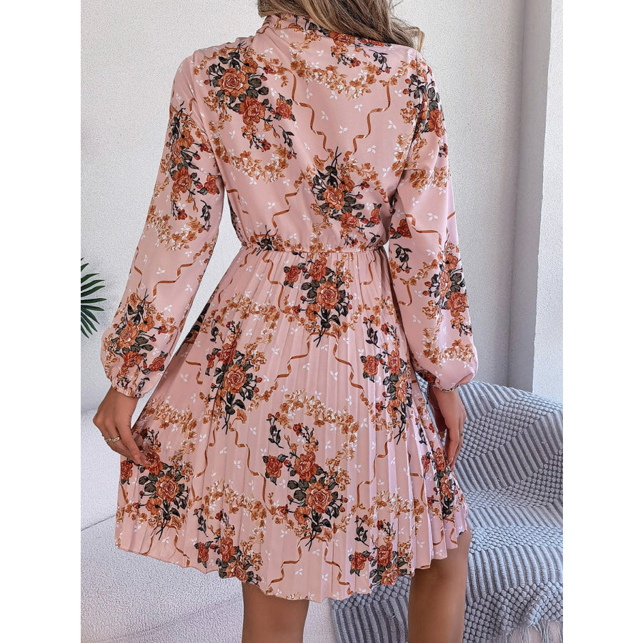 Pleated Printed Tie Neck Long Sleeve Dress Apparel and Accessories