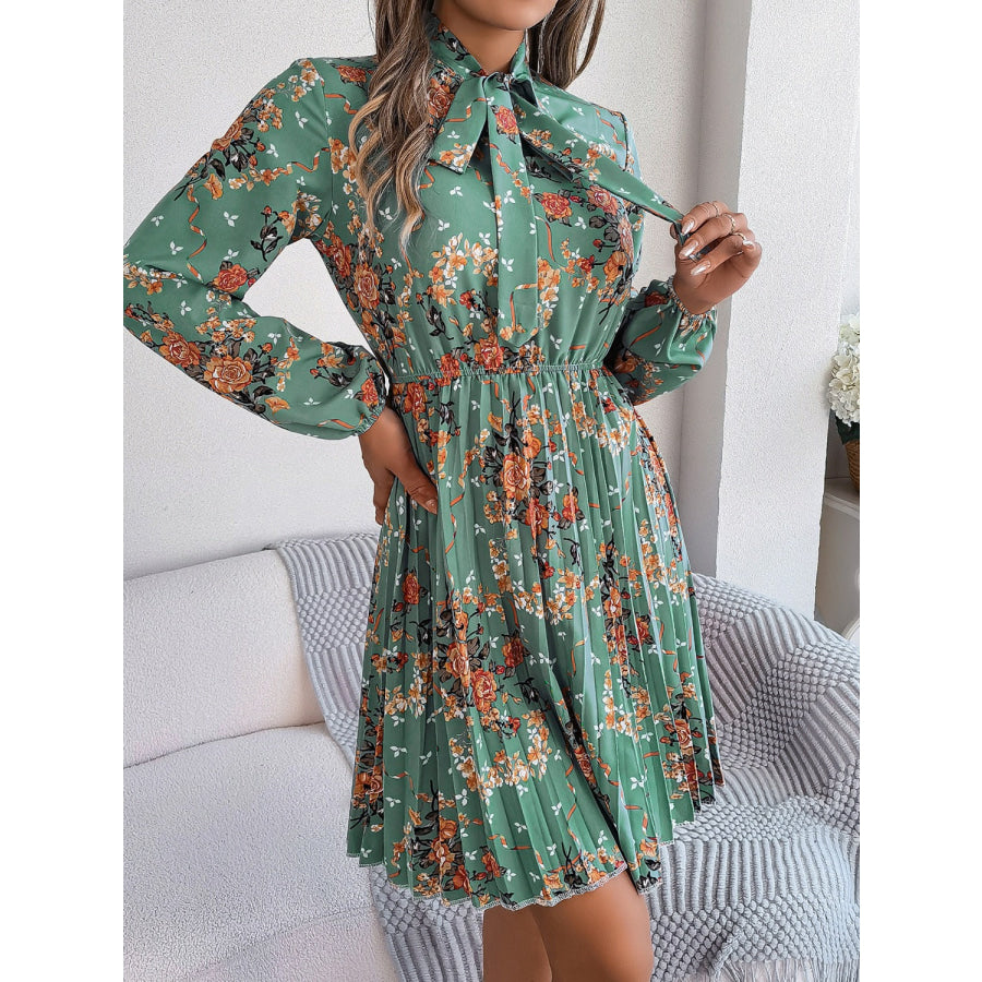 Pleated Printed Tie Neck Long Sleeve Dress Apparel and Accessories