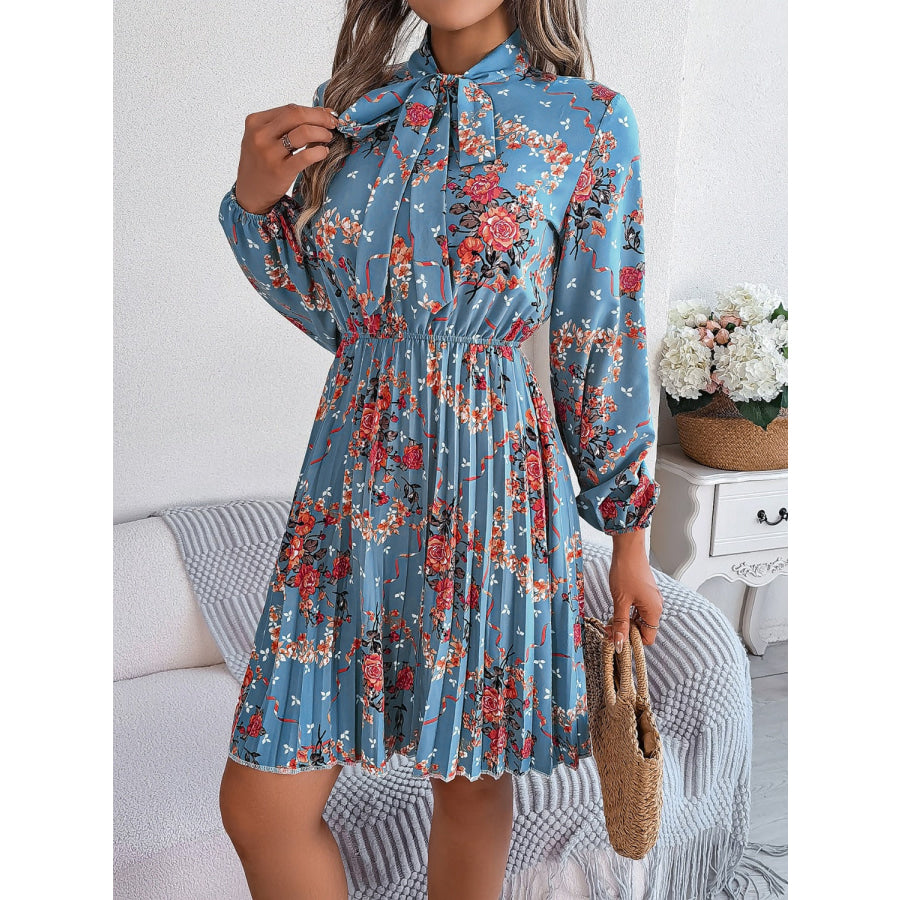 Pleated Printed Tie Neck Long Sleeve Dress Apparel and Accessories