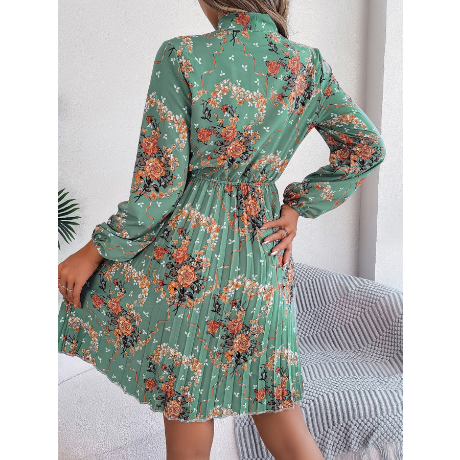 Pleated Printed Tie Neck Long Sleeve Dress Apparel and Accessories