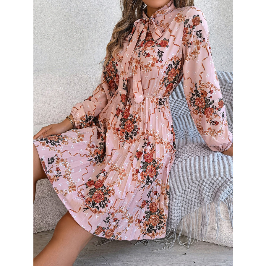 Pleated Printed Tie Neck Long Sleeve Dress Apparel and Accessories