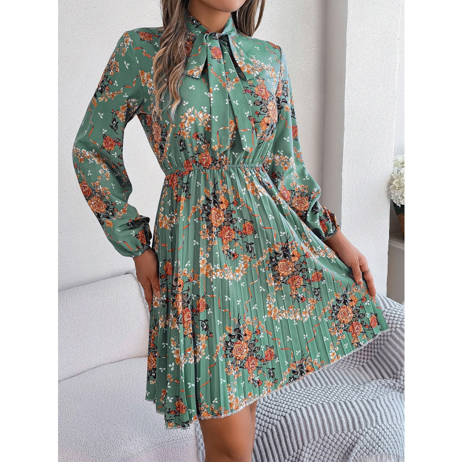 Pleated Printed Tie Neck Long Sleeve Dress Apparel and Accessories