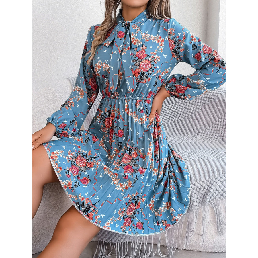 Pleated Printed Tie Neck Long Sleeve Dress Apparel and Accessories