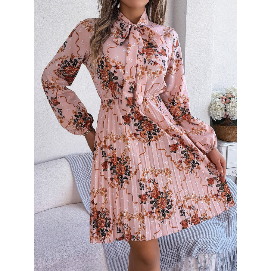 Pleated Printed Tie Neck Long Sleeve Dress Apparel and Accessories