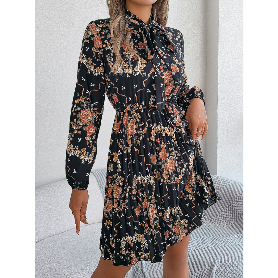 Pleated Printed Tie Neck Long Sleeve Dress Apparel and Accessories