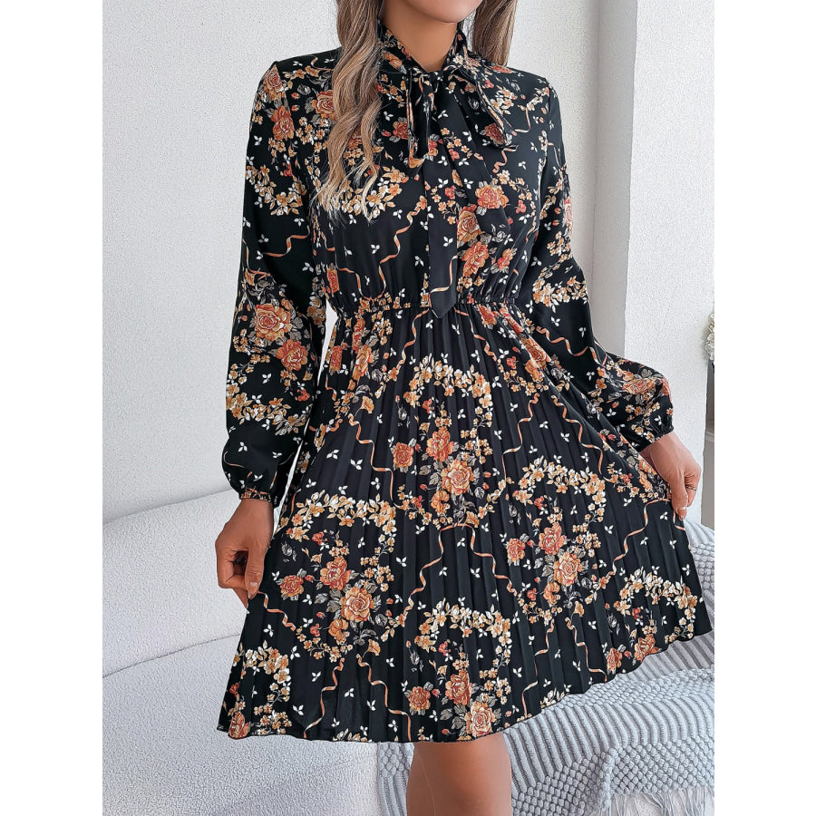 Pleated Printed Tie Neck Long Sleeve Dress Black / S Apparel and Accessories