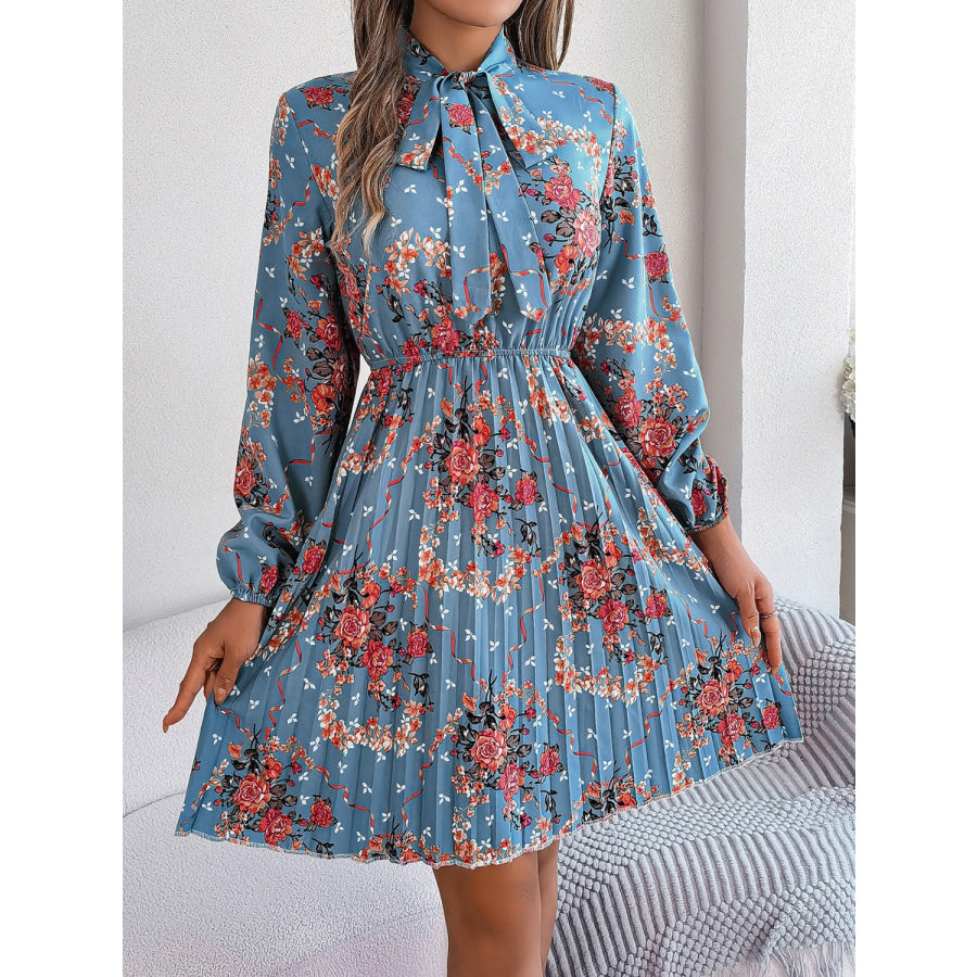 Pleated Printed Tie Neck Long Sleeve Dress Dusty Blue / S Apparel and Accessories