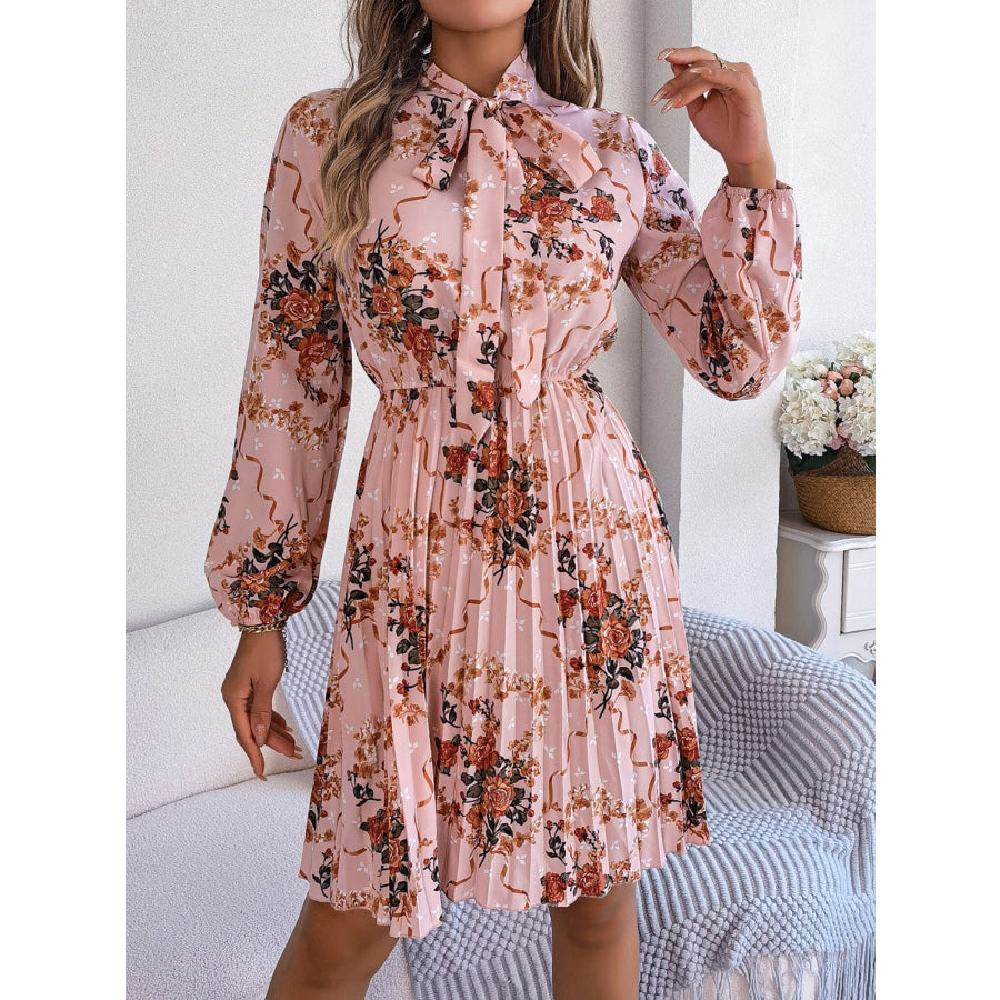 Pleated Printed Tie Neck Long Sleeve Dress Dusty Pink / S Apparel and Accessories