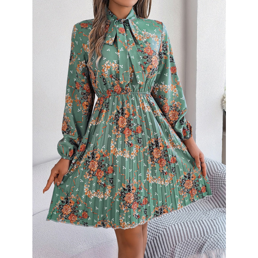 Pleated Printed Tie Neck Long Sleeve Dress Sage / S Apparel and Accessories