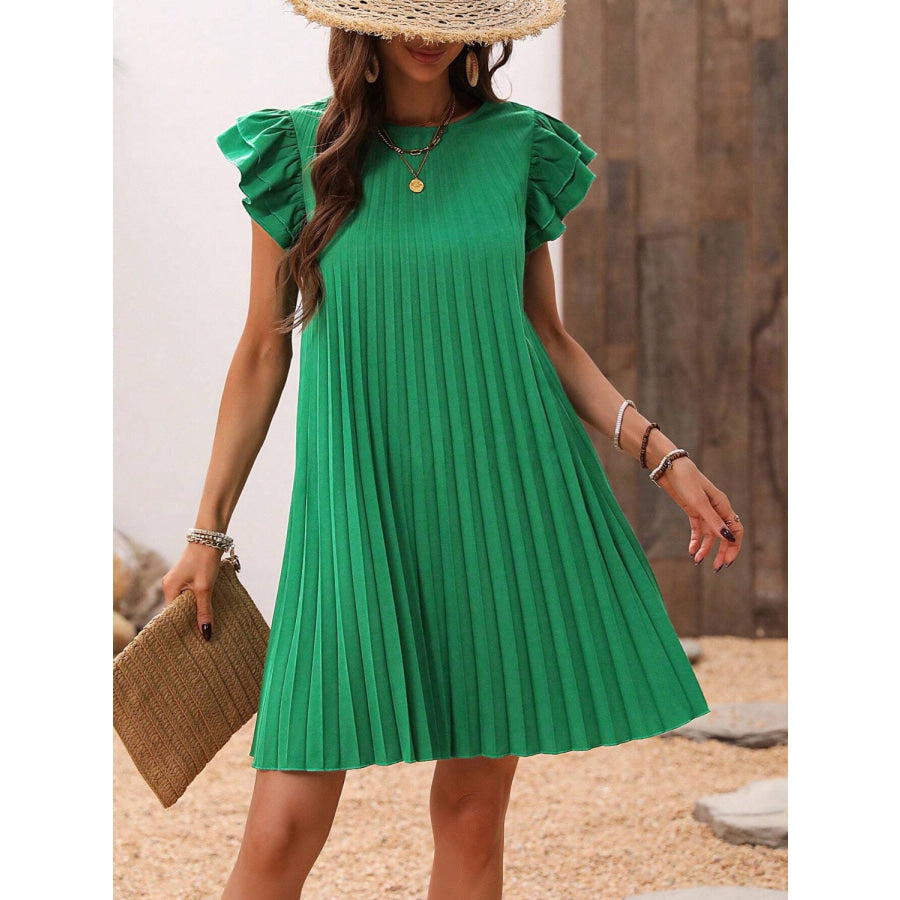 Pleated Round Neck Cap Sleeve Mini Dress Dark Green / S Apparel and Accessories