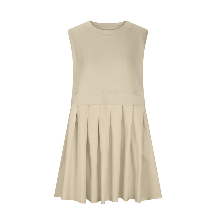 Pleated Round Neck Sleeveless Mini Dress Apparel and Accessories