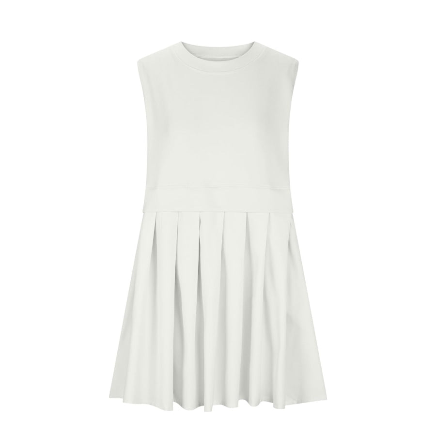 Pleated Round Neck Sleeveless Mini Dress Apparel and Accessories