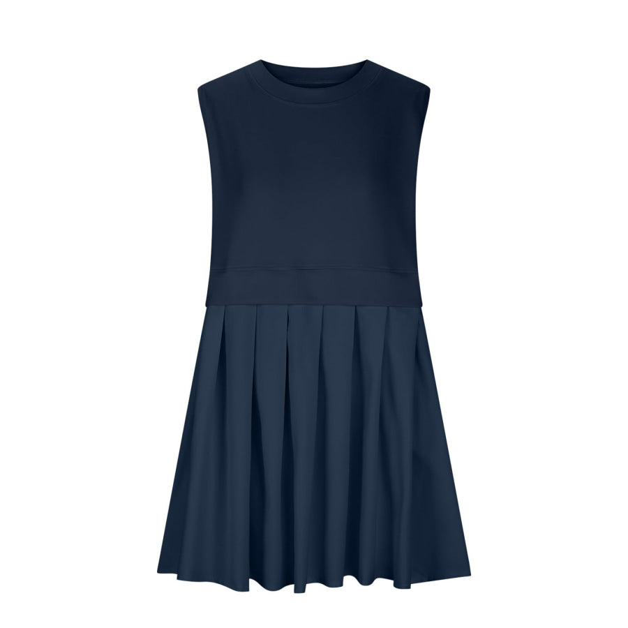 Pleated Round Neck Sleeveless Mini Dress Apparel and Accessories