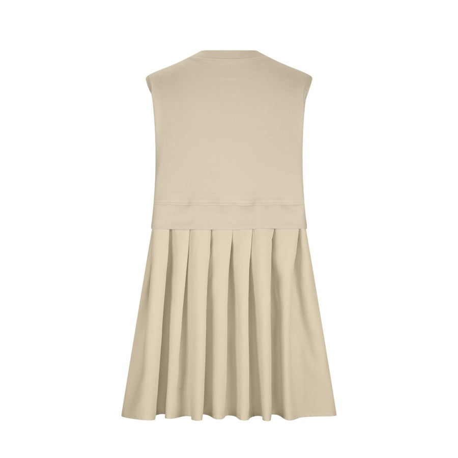 Pleated Round Neck Sleeveless Mini Dress Tan / S Apparel and Accessories