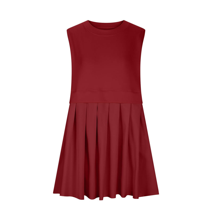 Pleated Round Neck Sleeveless Mini Dress Apparel and Accessories