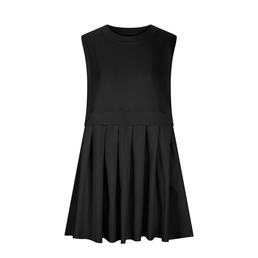 Pleated Round Neck Sleeveless Mini Dress Black / S Apparel and Accessories