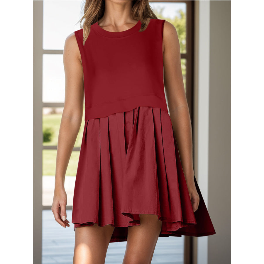 Pleated Round Neck Sleeveless Mini Dress Burgundy / S Apparel and Accessories