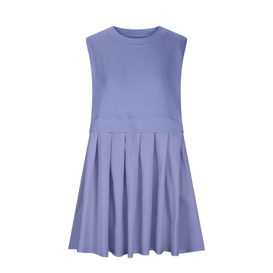 Pleated Round Neck Sleeveless Mini Dress Lavender / S Apparel and Accessories