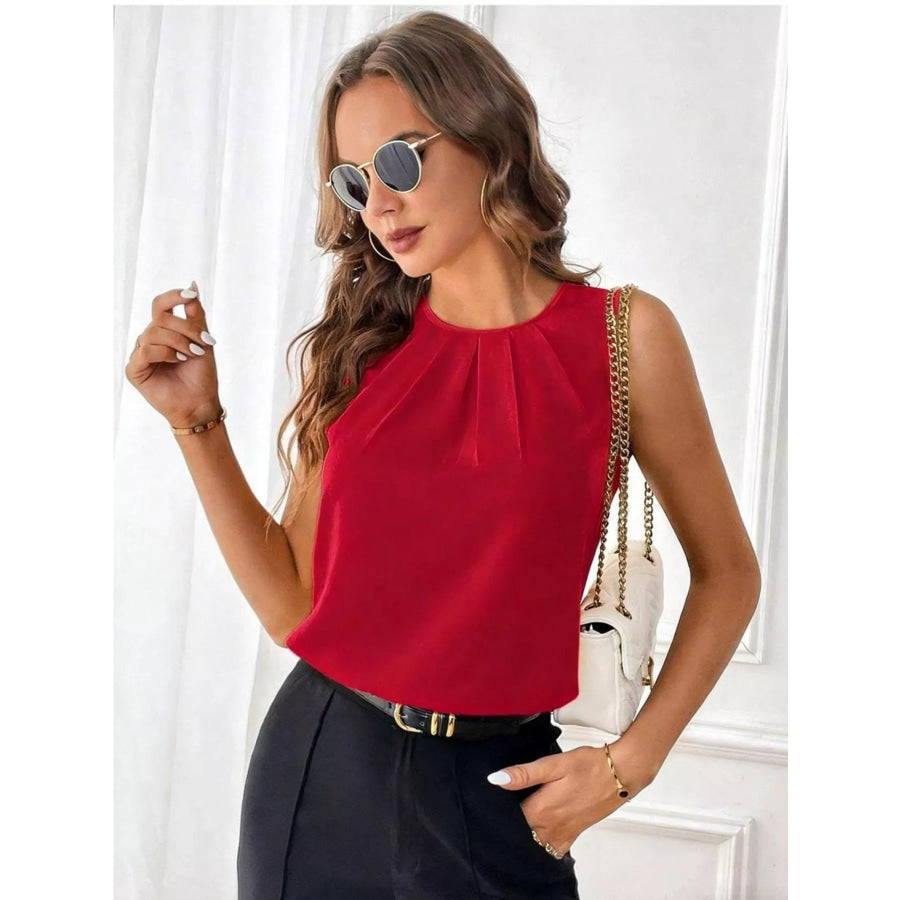 Pleated Round Neck Tank Red / S Apparel and Accessories