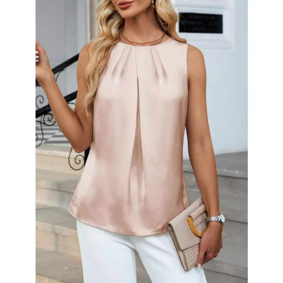 Pleated Round Neck Tank Top Apparel and Accessories