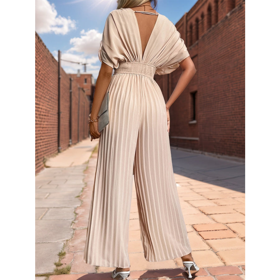 Pleated Short Sleeve Wide Leg Jumpsuit Apricot / S Apparel and Accessories