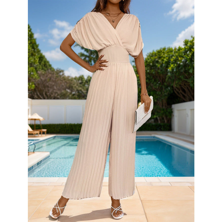 Pleated Short Sleeve Wide Leg Jumpsuit Apparel and Accessories